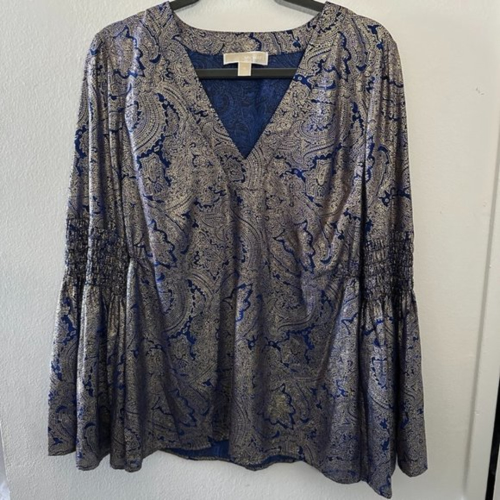 Michael Kors Womens Medium Blue Gold‎ Metallic Paisley Blouse V-neck Bell Sleeve